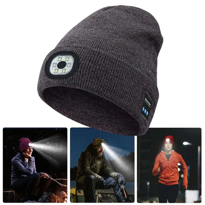 Black - LED Light Bluetooth Beanie Unisex Warm Knitted Beanie 3 Light Modes Waterproof Rechargeable