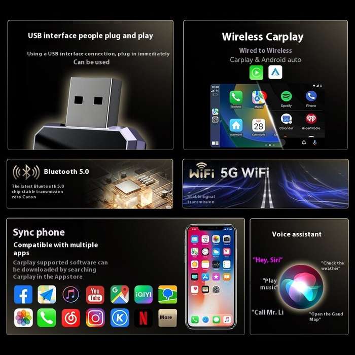 Black - 2 In 1 Wireless Carplay Car Interconnection Android Auto Carplay Module Plug and Play Suppor