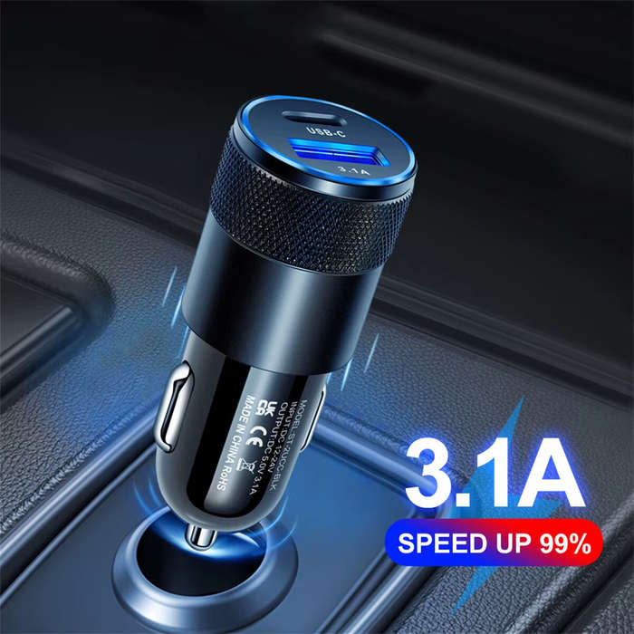Rose - 3.1A USB Car Charger Type C Fast Charging Phone Adapter Dual-Port Charging For Xiaomi Huawei
