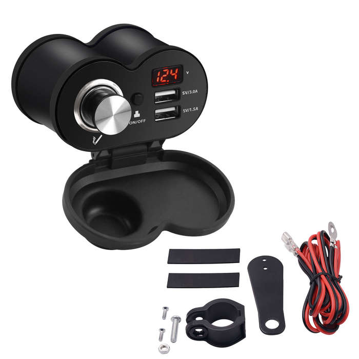 Black - Motorcycle Waterproof Dual USB Charger with Real-Time Voltage Monitoring 12V-24V Motorcycle