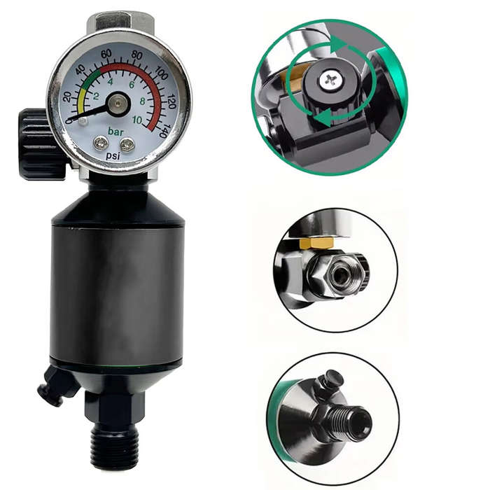 Black - High Pressure Aluminum Air Spray Gun Regulator 0-140PSI Adjustable Gauge 1/4 Inch Oil Water