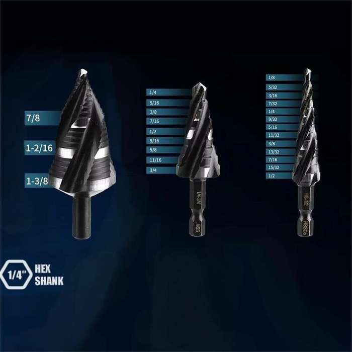 3pcs - High Speed Steel Titanium Step Drill Bit Set 3PCS Spiral Flutes Hex Shank for Metal Works Dri