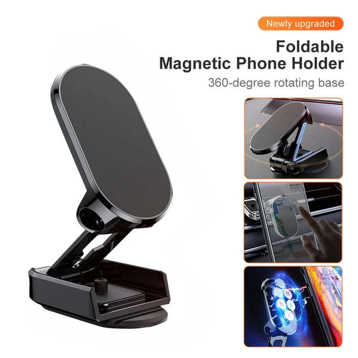 Silver - Universal Car Magnetic Mobile Phone Holder Metal Folding Car Mount Magnetic 360 Adjustable