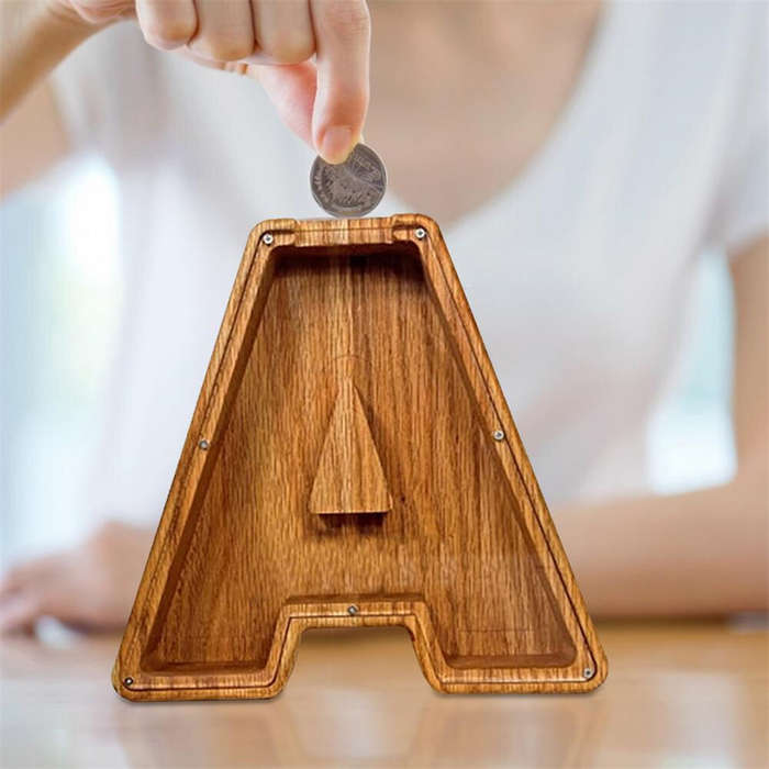 1pc Letter Shaped Piggy Bank Wooden Safe Saving Box Storage Organizer Save Money Transparent Window