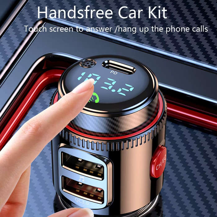Black - T23 bluetooth V5.4 FM Transmitter 30W PD+QC3.0 USB Car Charger Blue LED Digital Display Wire