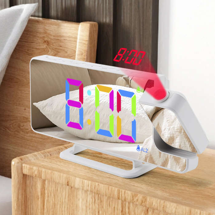 White - AGSIVO RGB Projection Digital Alarm Clock with Snooze / Mirror Surface / Adjustable Brightne