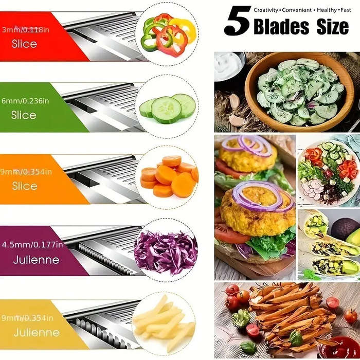 Silver - Multifunctional Vegetable Cutter Grater Food Slicer Adjustable Thickness for Cheese Fruits