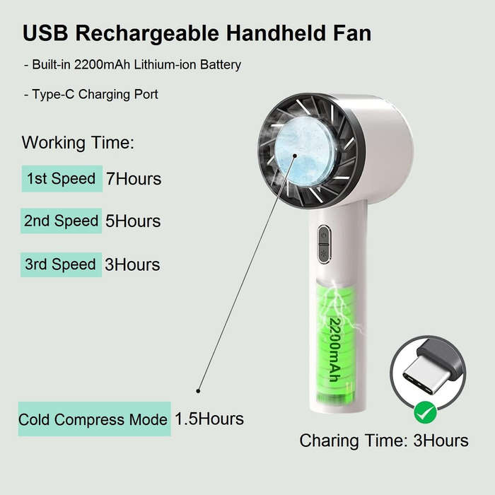 Green - Portable Mini Handheld Ice Compress Fan USB Rechargeable 2200mAh Battery 3 Speed Settings Li