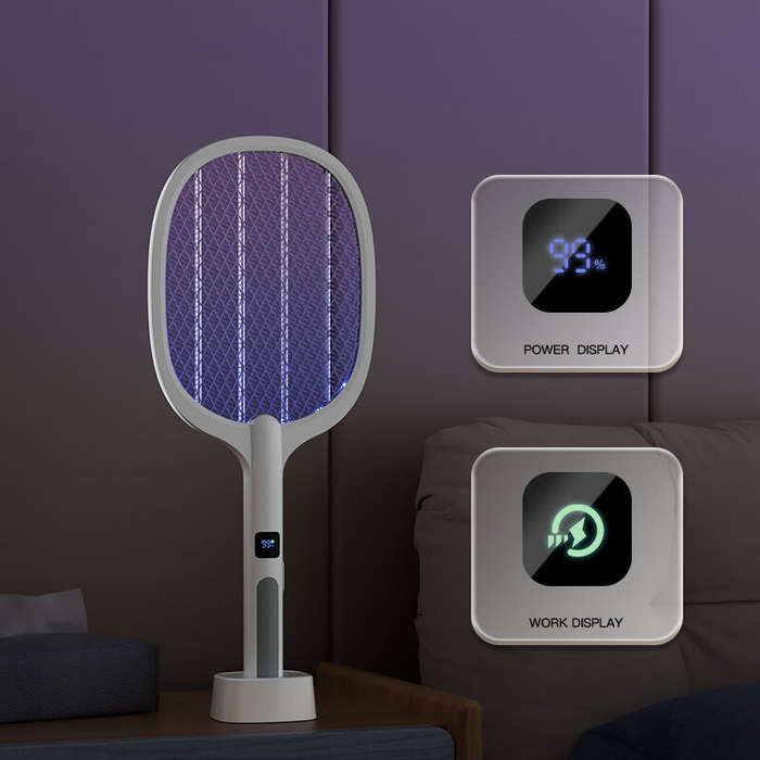 White - Electric Mosquito Swatter with Electronic Digital Screen Electric Exterminator Fly Swatter D