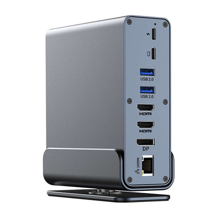 Grey - 15-in-1 Type-C Vertical Docking Station with 10Gbps USB-C / USB3.0 / USB2.0 / PD100W / 4K DP/