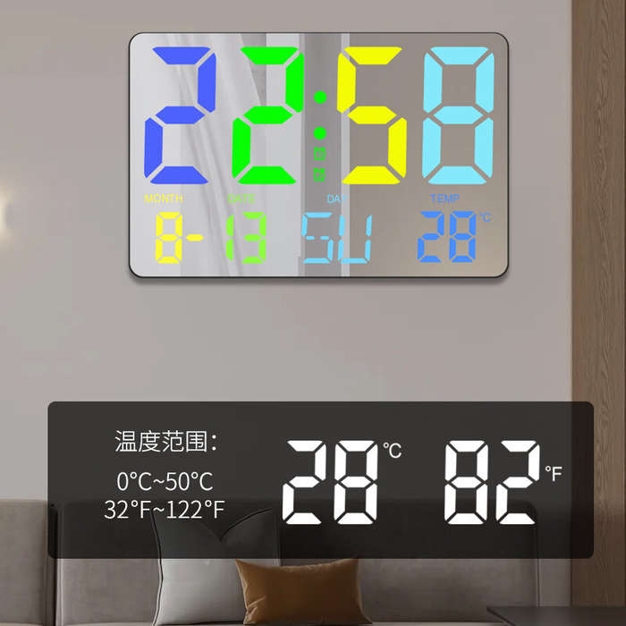 Black - AGSIVO Large RGB Rainbow Digital Wall Clock Alarm Clock Large LED Display with Snooze / Remo