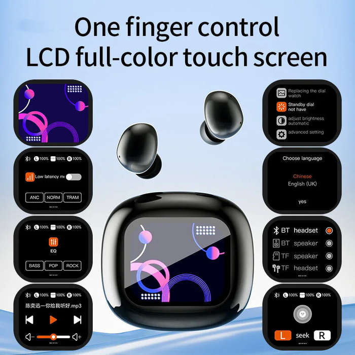 Black - S11 Touch Screen Headset Wireless bluetooth 5.4 Earphone ENC Mic Noise Cancelling 13mm Dynam