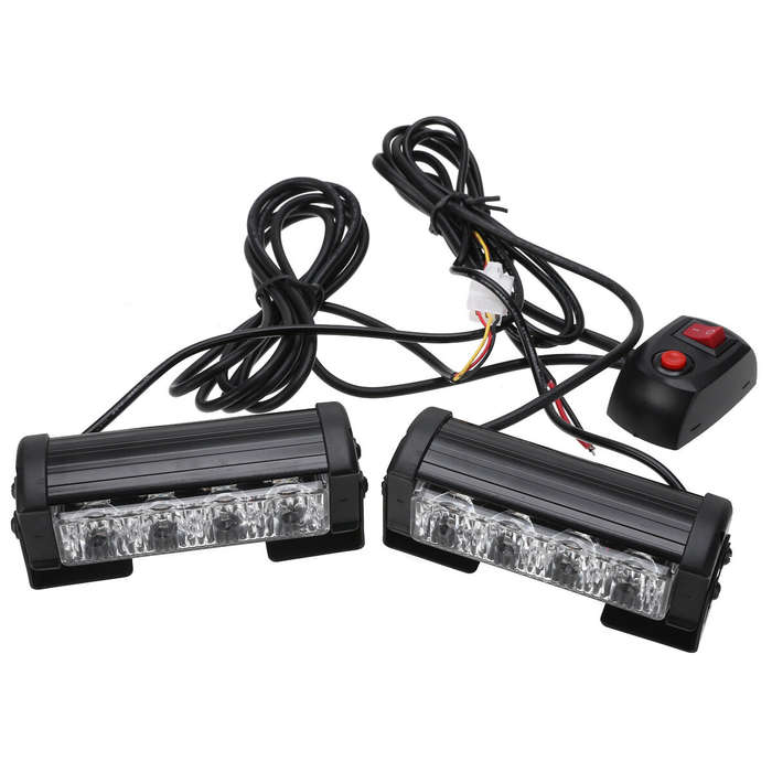 White+Red - 12V 4LED*2 Flashing Lights Car Front Grille Warning Lights Strobe Lights One To Two Long