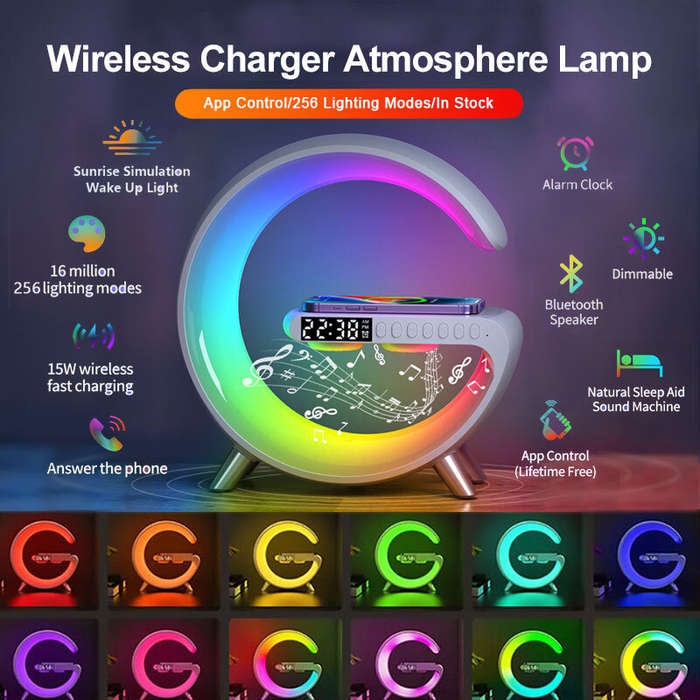 EU Plug - 15W 10W 7.5W 5W Multifunctional Wireless Charger Alarm Clock Speaker RGB Light Fast Chargi
