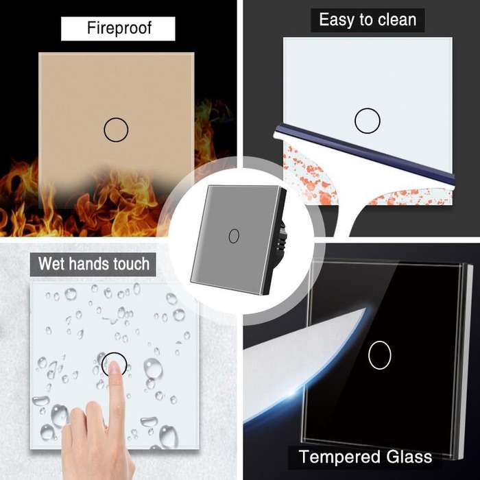 White - UBARO 1 Gang 86 Type Smart Wall Touch Switch Tempered Glass Panel Single Live Wire Waterproo
