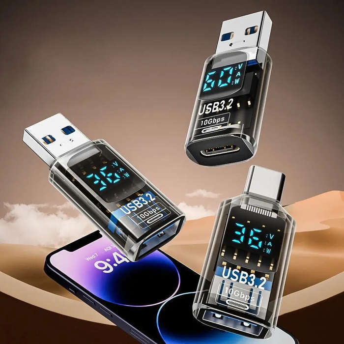 C-F to A-M Black - LED Digital Display USB 3.2 Adapter 10Gbps 36-60W Power Meter Tester Smart Chip D