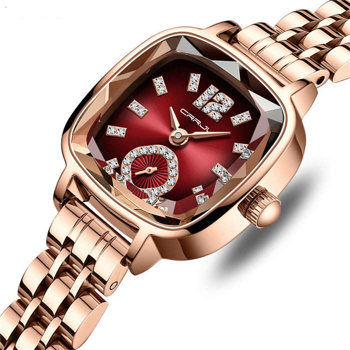 Red - CRRJU Stainless Steel Women Watch Square Luxury Rhinestone Quartz Watch Business Waterproof Fa
