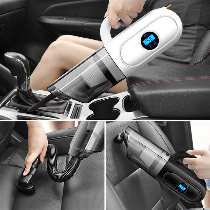 White - Multi Functional Car Vacuum Cleaner Air Pump Digital Display 80W Suction 120W Inflation Port