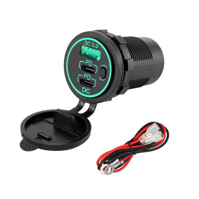 Blue Light - 12-24V Triple USB Car Charger Socket QC3.0 & Two PD3.0 With ON/OFF Independent Switch F