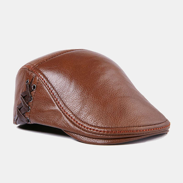 Mens Winter Warm Adjustable Genuine Leather Beret Caps Windproof Outdoor Top Layer Leather Trucker C