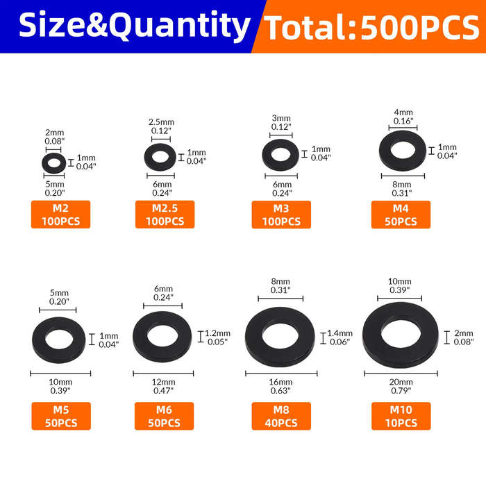 with box - 500Pcs 8 Size Black Nylon Flat Washers Set M2 M2.5 M3 M4 M5 M6 M8 M10 Assortment Kit Plan