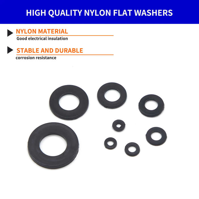 with box - 500Pcs 8 Size Black Nylon Flat Washers Set M2 M2.5 M3 M4 M5 M6 M8 M10 Assortment Kit Plan