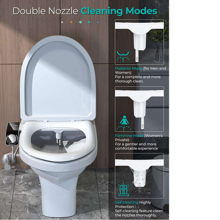 Europe 3/8 - Toilet Bidet Attachment Ultra-Slim Toilet Seat Double Nozzle Spiral Adjustable Water Pr
