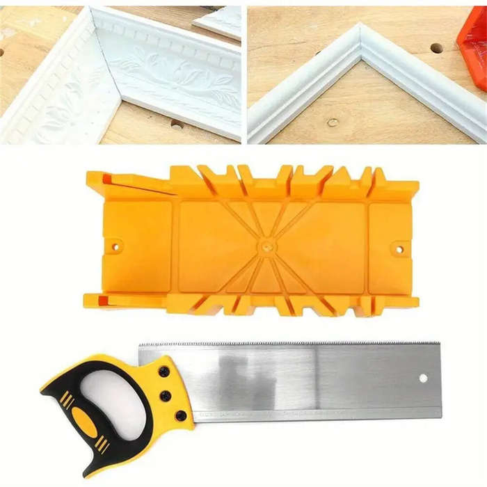 A - Mitre Box and Hand Saw Set 12 inch ABS Plastic Multiple Angle Clamping Mitre Box with 14 inch Ba