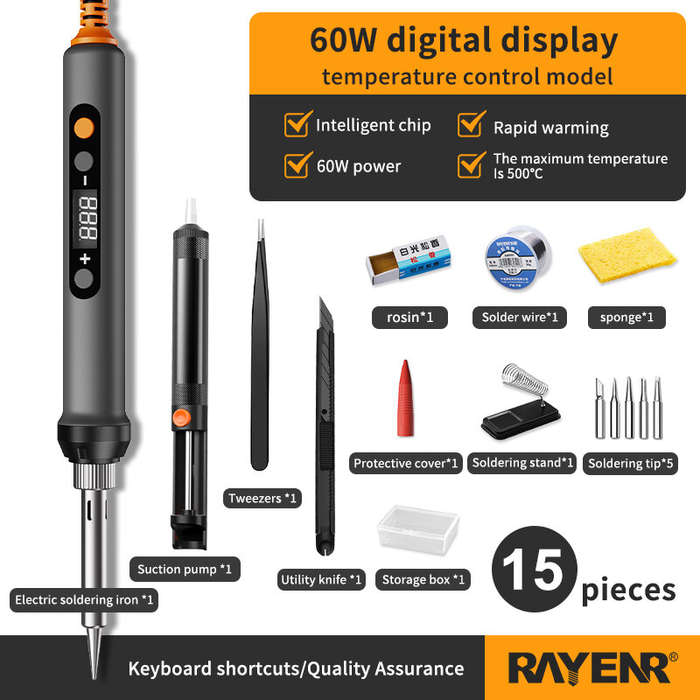 Black - 15 in 1 Rayenr Digital Soldering Iron 60W Temperature Control Ceramic Heating Rapid Heating