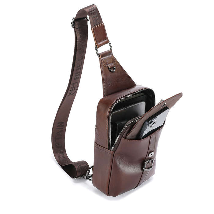 Black - BULLCAPTAIN Vintage Men's Genuine Leather Chest Bag Large Capacity Wear-Resistant Crossbody