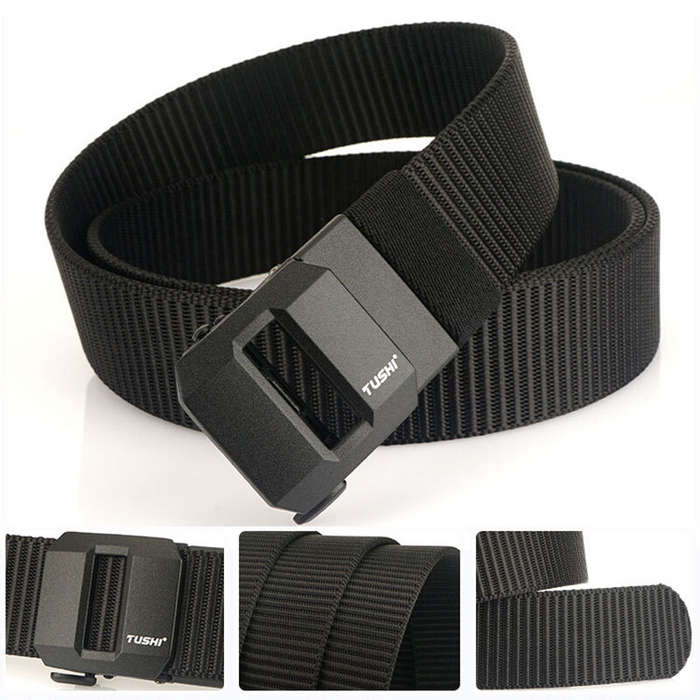 Black - TUSHI 120cm Length Luxury Metal Tactical Belts Automatic Buckle Nylon Quick Dry Sports Belts