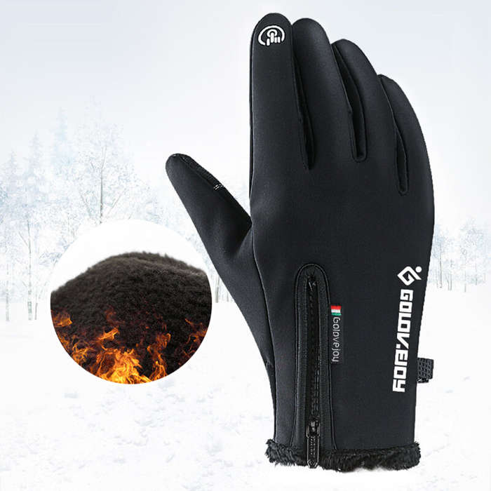 L - Golovejoy Warm Gloves Zipper Touch Screen Windproof Plus Velvet Wear-Resistant Gloves for Cyclin
