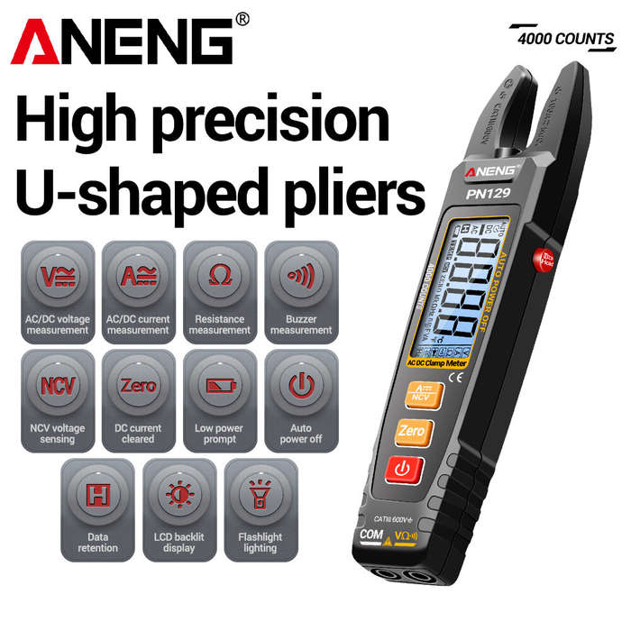 Black - ANENG PN129 Digital Clamp Meter 600V 100A Multimeter with LCD Backlit Display Flashlight Aut