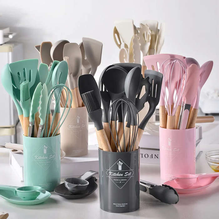 White - 12PCS Food Grade Silicone Kitchenware Cutlery Turner Spatula Measuring Spoon Practical Cooki