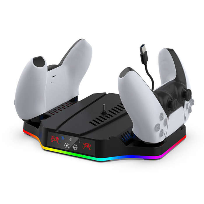 Black - DOBE PS5 Slim Game Console Cooling Base with RGB Colorful Ambient Light Game Controller Char