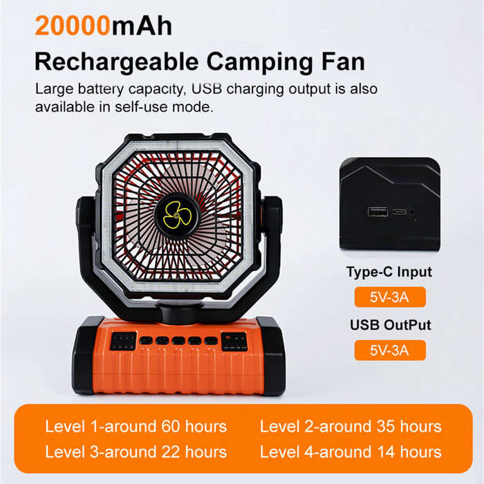 Black - IPRee Camping Portable Desk Fan with LED Light, 20000mAh Battery Rechargeable Quiet Camping