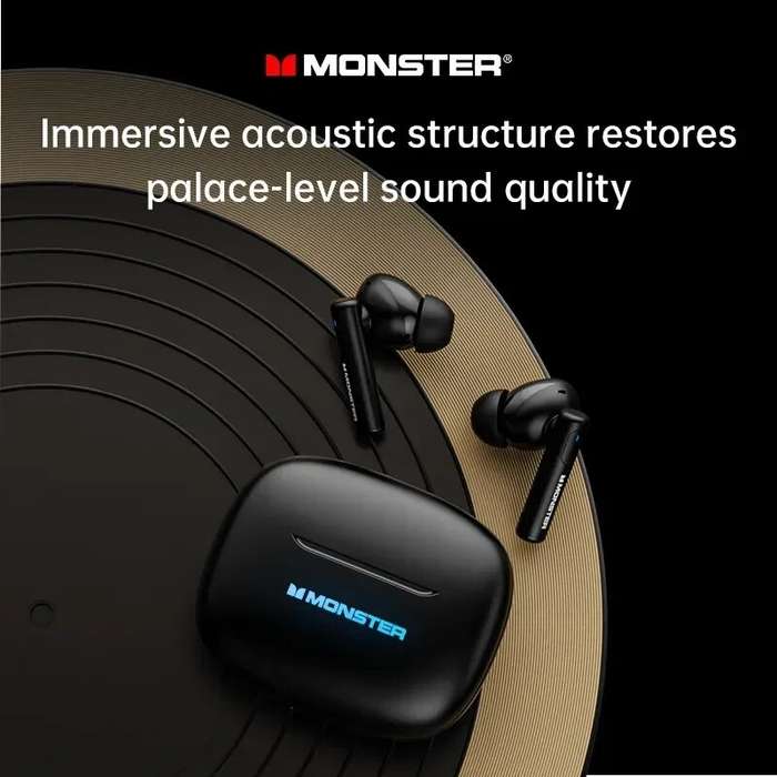 Black - Monster XKT26 TWS Wireless Earbuds bluetooth V5.4 Earphone HIFI Sound Quality Portable Sport