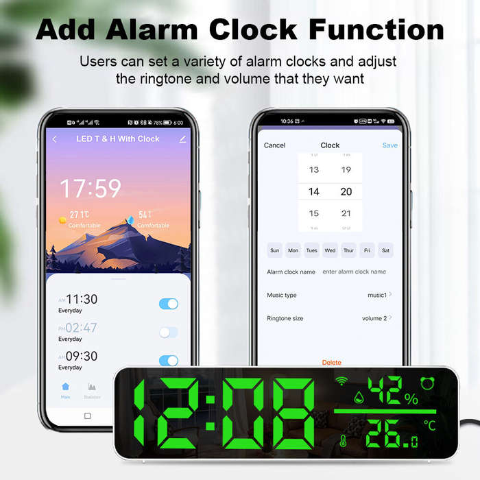 White - Tuya WiFi Temperature Humidity Sensor Support Time Alarm Clock Display USB Desktop Mirror Cl