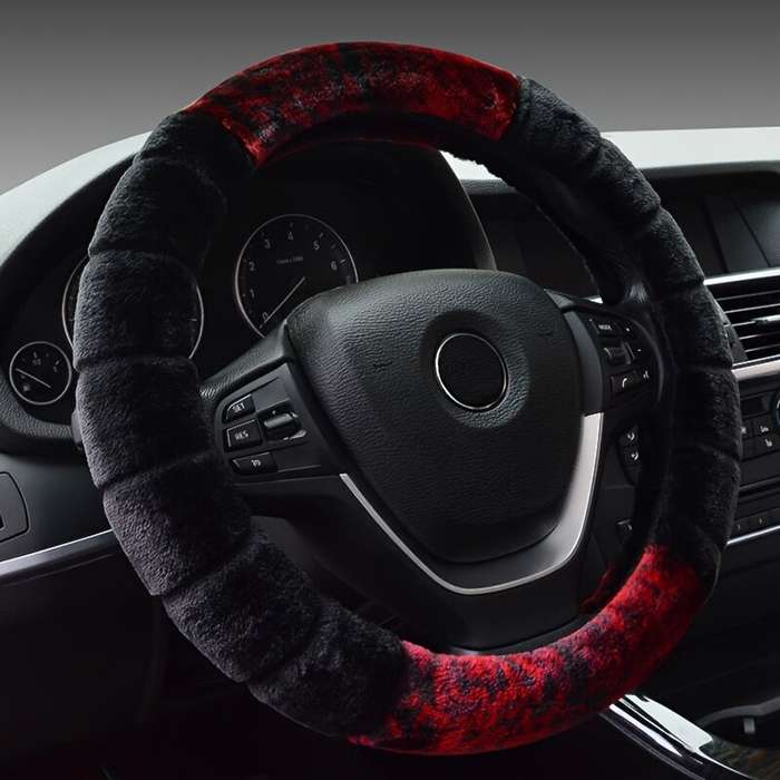 Red - Car Steering Wheel Cover Winter Warm Fluffy Plush Short Plush Universal 15-Inch Cute Cartoon E