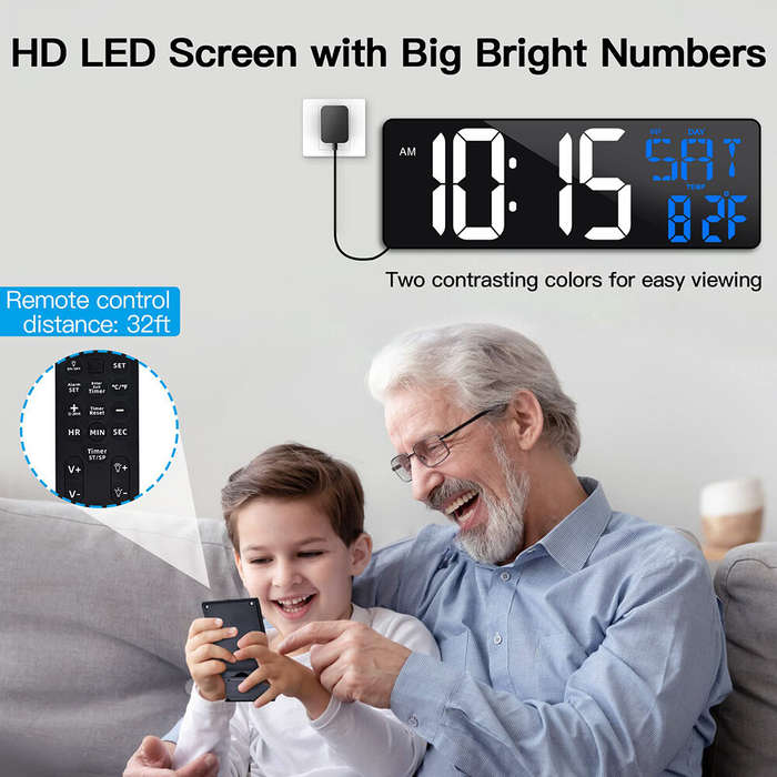 White Blue - 16.5 Inches LED Large Screen Digital Wall Clock with Remote Control USB Charge Dual Col
