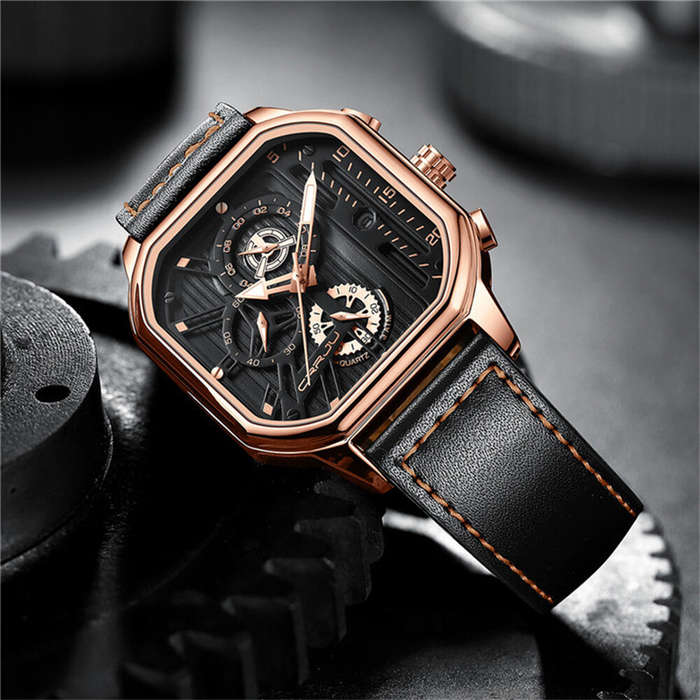 Black+Gold - CRRJU Men's Luminous Waterproof Sports Watch Square Dial Chronograph Business Casual Qu