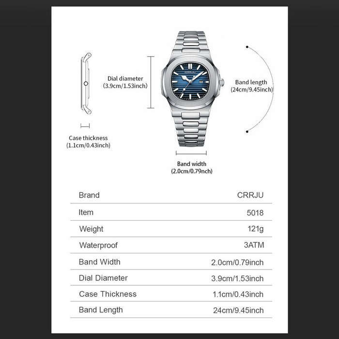 Blue - CRRJU Men's Quartz Watch Stainless Steel Band Waterproof Luminous Square Dial Business Casual