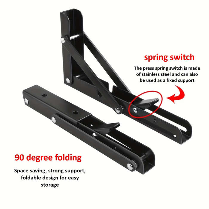 Black - 8inch Stainless Steel Folding Shelf Brackets Heavy Duty 90 Degree Wall Mount Space Saving Su