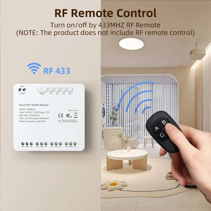 AC/DC 7-32V - Tuya WiFi Smart 4 Channel RF Momentary Inching Relay Self-Lock Switch Module DIY WiFi