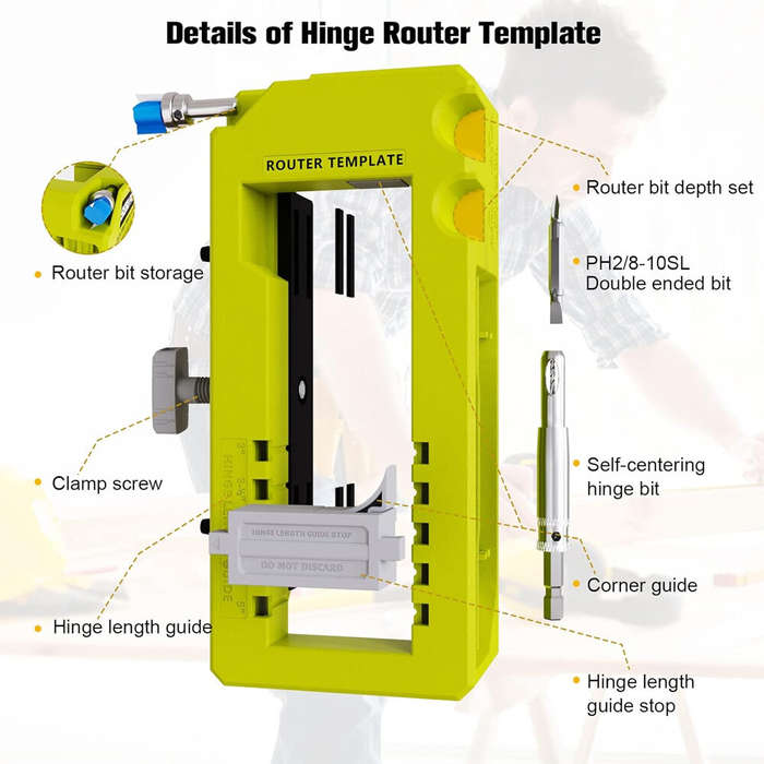Yellow - Door Hinge Mortiser Hinge Installation Kit Router Template fits 3in to 5in Hinges Square Se