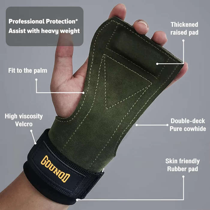 Grey - GOUNOD 1Pair Cowhide Sports Fitness Non-slip Palm Wrist Protection Grip Pads for Gym Weightli