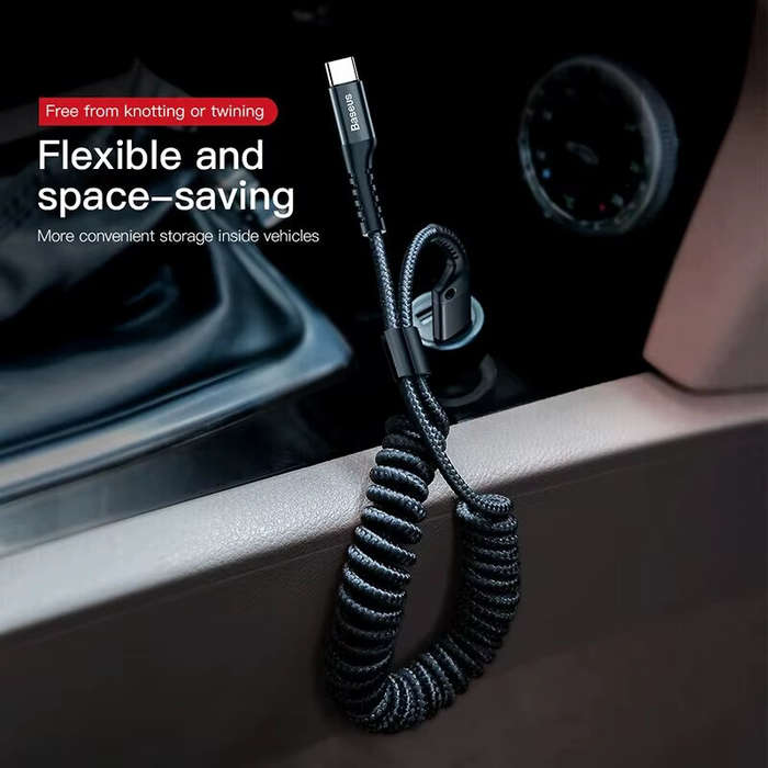 Black - Baseus Fast Charging Type C Cable Spring Telescopic Car Phone Charger Cable For Samsung Xiao
