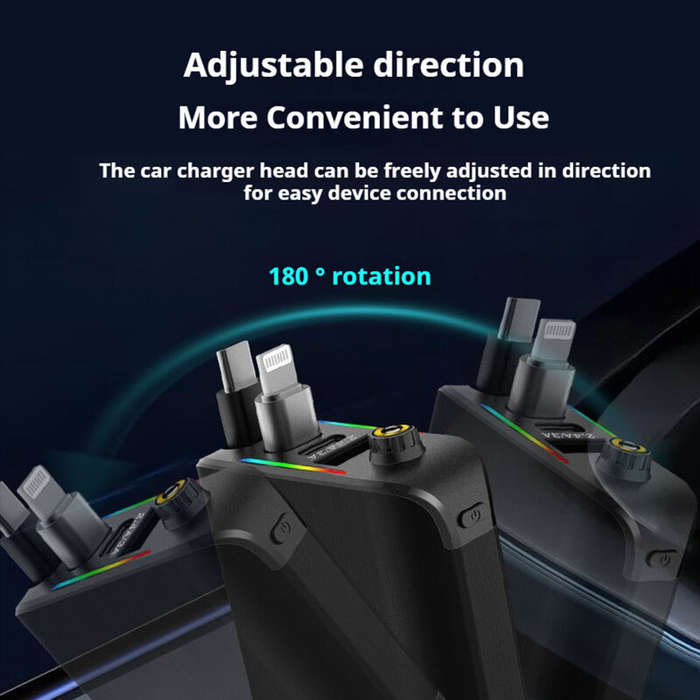 Black - 4-in-1 120W Roof Starlight Car Charger Adapter USB-A+USB-C+Type-C Retractable Cable+iP Conve