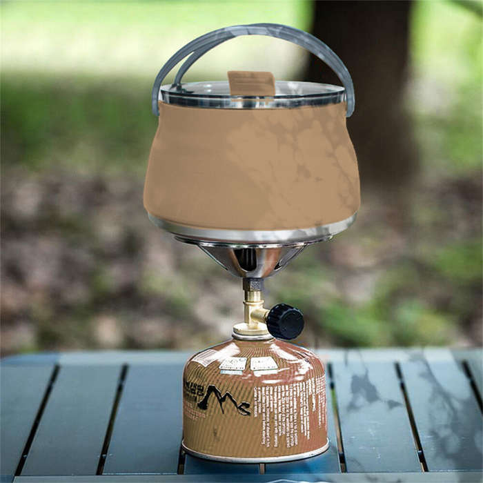 Khaki - IPRee 1L Outdoor Silicone Kettle Folding Camping Tableware Kettle Cook Water Pot Mini Boilin