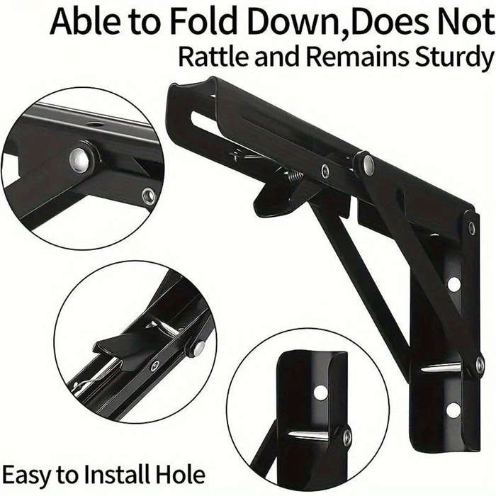 Black - 8inch Stainless Steel Folding Shelf Brackets Heavy Duty 90 Degree Wall Mount Space Saving Su